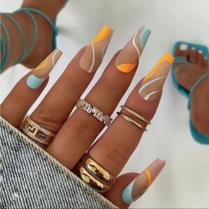 Acrylic Long Tapered Square Tip Skin Tone Art Swirl Manicure Professional Nails